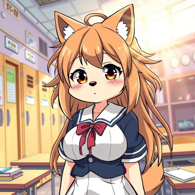 A manga-style illustration featuring a Kemono female dog character with long, messy hair and oversized breasts, dressed in a traditional school uniform