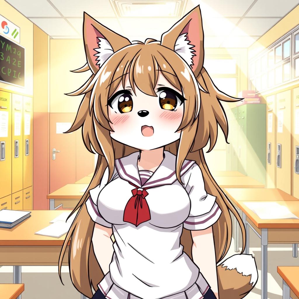 A manga-style illustration featuring a Kemono female dog character with long, messy hair and oversized breasts, dressed in a traditional school uniform