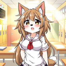 A manga-style illustration featuring a Kemono female dog character with long, messy hair and oversized breasts, dressed in a traditional school uniform