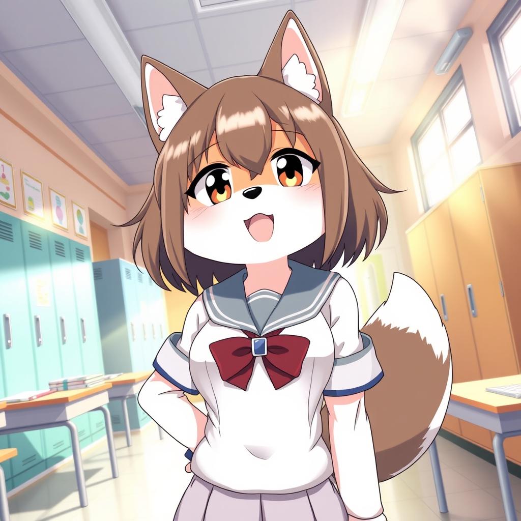 An anime-style illustration featuring a Kemono female dog character with oversized breasts, dressed in a traditional school uniform