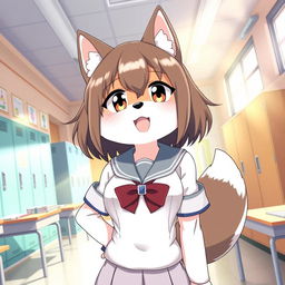 An anime-style illustration featuring a Kemono female dog character with oversized breasts, dressed in a traditional school uniform