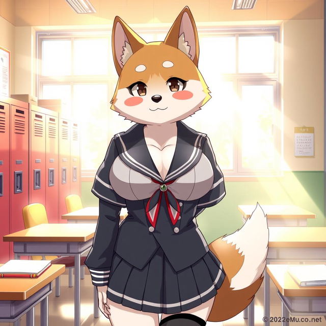 An anime-style illustration featuring a Kemono female dog character with oversized breasts, dressed in a traditional school uniform