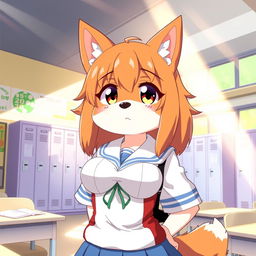 An anime-style illustration featuring a Kemono female dog character with oversized breasts, dressed in a traditional school uniform