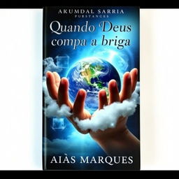 A captivating book cover featuring hands gently holding the Planet Earth, with a mystical aura of clouds swirling around the fingers