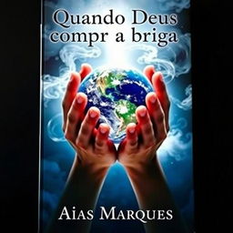 A captivating book cover featuring hands gently holding the Planet Earth, with a mystical aura of clouds swirling around the fingers
