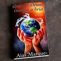 A captivating book cover featuring hands gently holding the Planet Earth, with a mystical aura of clouds swirling around the fingers