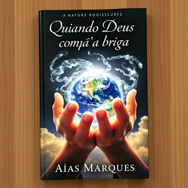 A captivating book cover featuring hands gently holding the Planet Earth, with a mystical aura of clouds swirling around the fingers