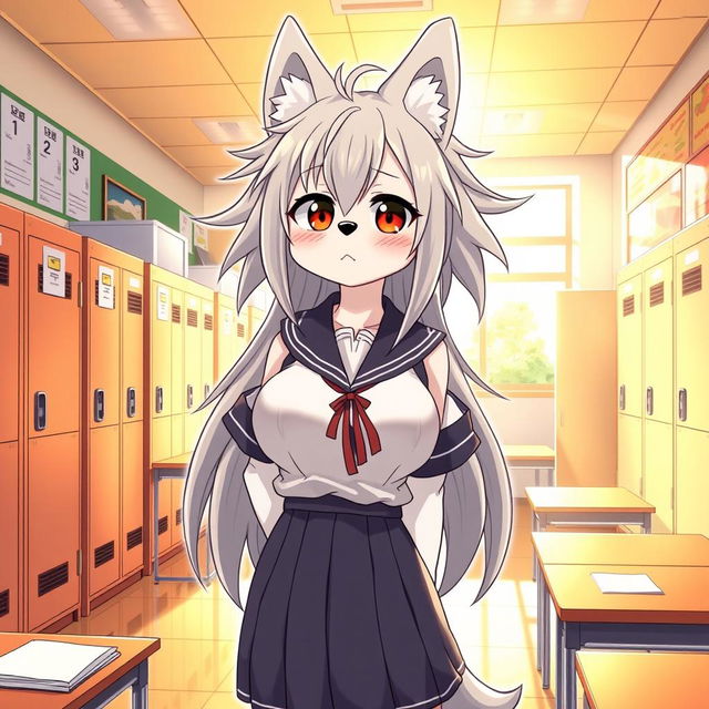 A manga-style illustration featuring a tall Kemono female dog character with long, messy hair and oversized breasts, dressed in a traditional school uniform