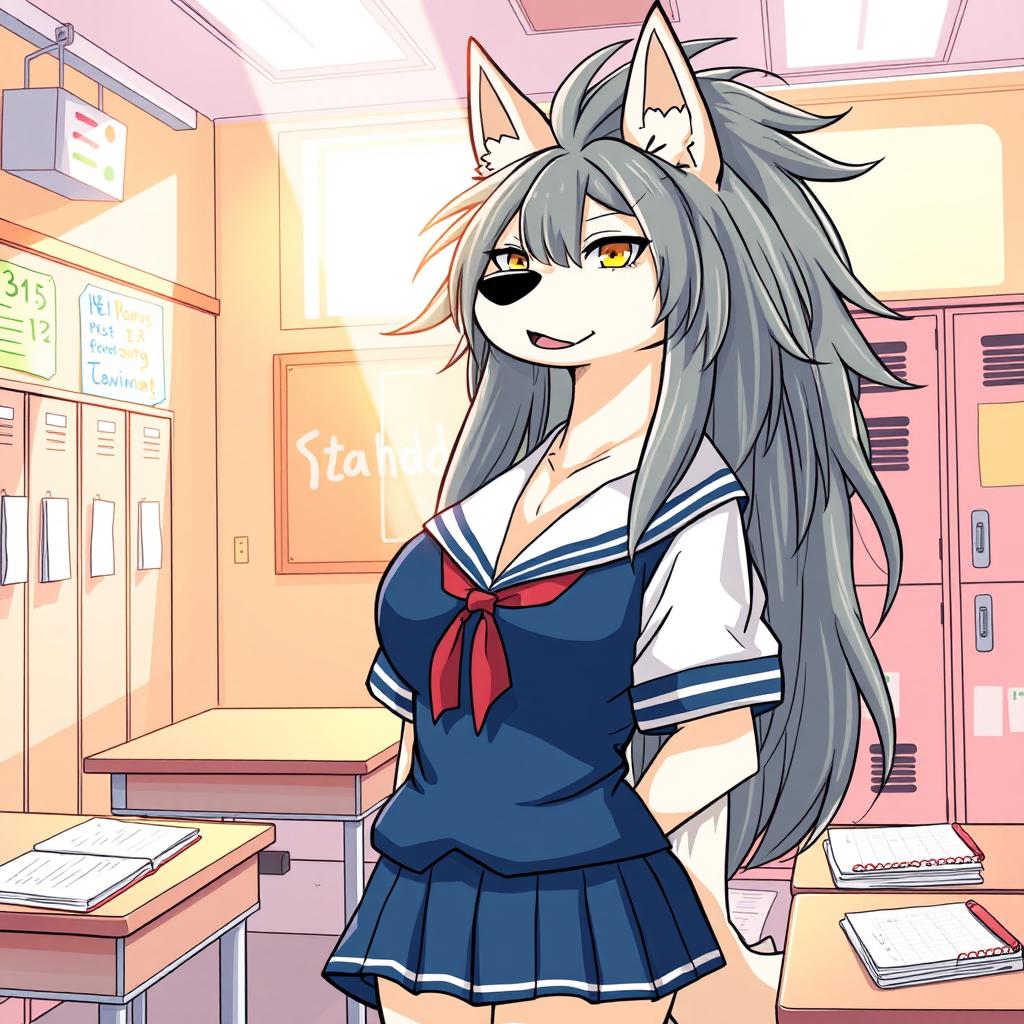 A manga-style illustration featuring a tall Kemono female dog character with long, messy hair and oversized breasts, dressed in a traditional school uniform