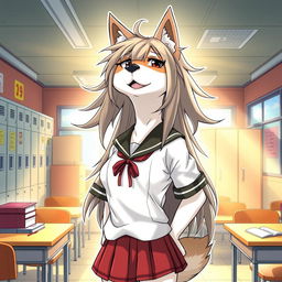 A manga-style illustration featuring a tall Kemono female dog character with long, messy hair and oversized breasts, dressed in a traditional school uniform