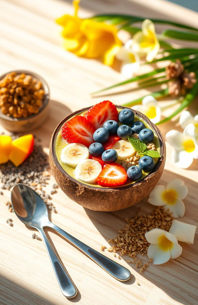A vibrant and colorful smoothie bowl, topped with an array of fresh fruits like banana slices, blueberries, and strawberries