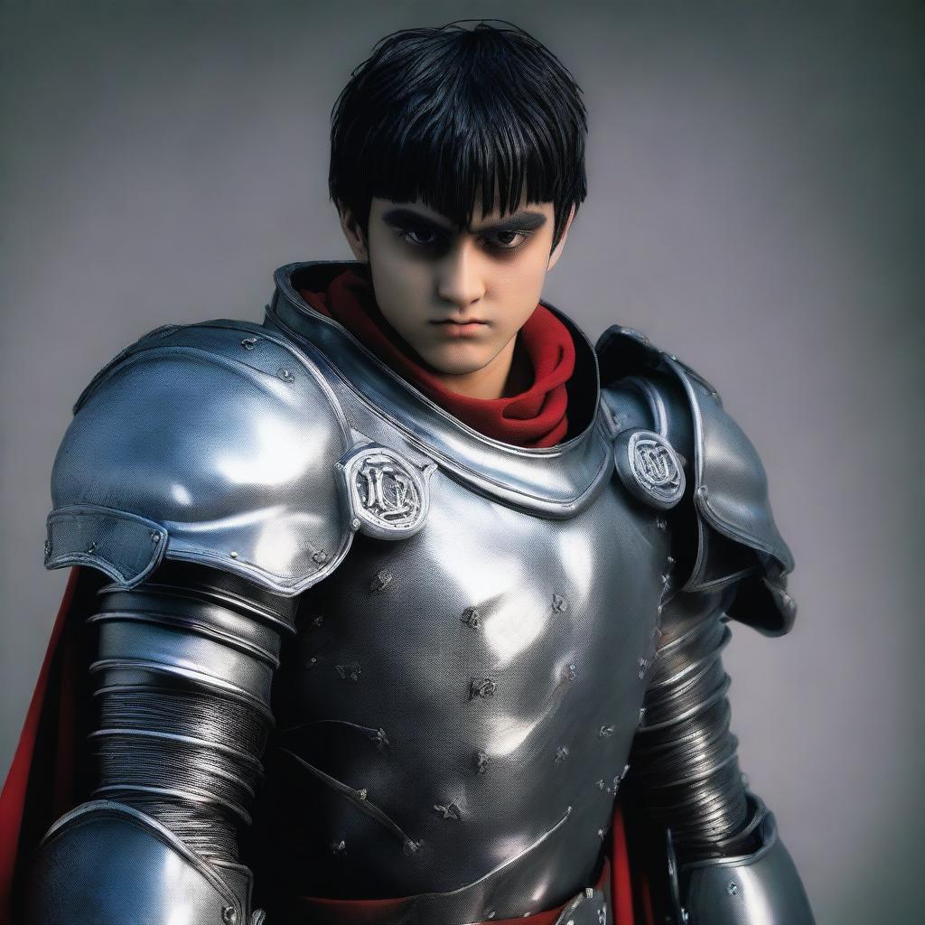 An enhanced photograph of a cosplayer dressed as Guts from Berserk, now with a more realistic-looking armor