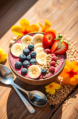 A vibrant and colorful smoothie bowl, topped with an array of fresh fruits like banana slices, blueberries, and strawberries