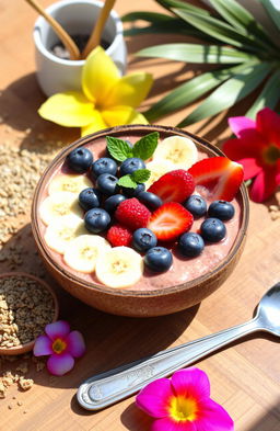 A vibrant and colorful smoothie bowl, topped with an array of fresh fruits like banana slices, blueberries, and strawberries