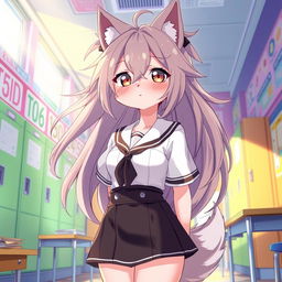 An enchanting anime-style illustration featuring a tall Kemono female dog character with long, messy hair flowing elegantly around her