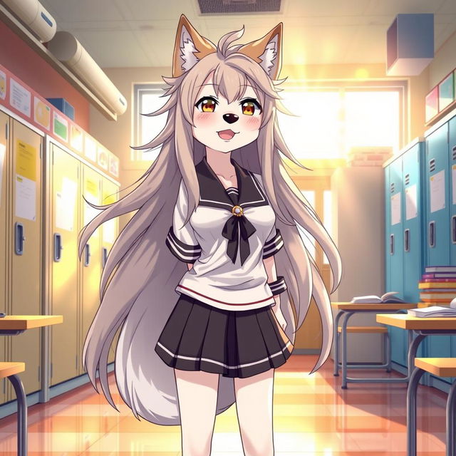 An enchanting anime-style illustration featuring a tall Kemono female dog character with long, messy hair flowing elegantly around her