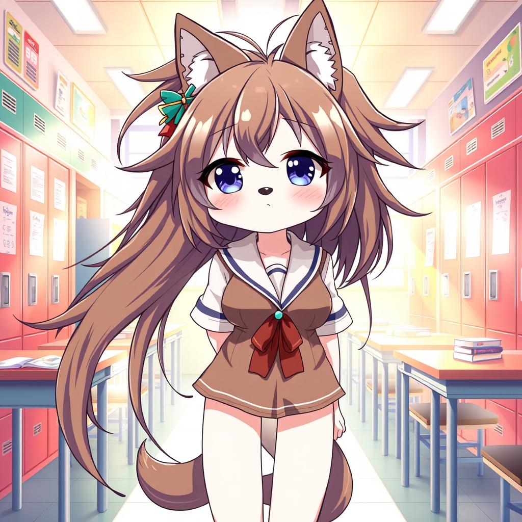 An enchanting anime-style illustration featuring a tall Kemono female dog character with long, messy hair flowing elegantly around her
