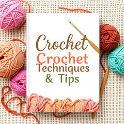 A beautifully designed ebook cover for 'Crochet Techniques & Tips,' featuring a cozy and creative theme