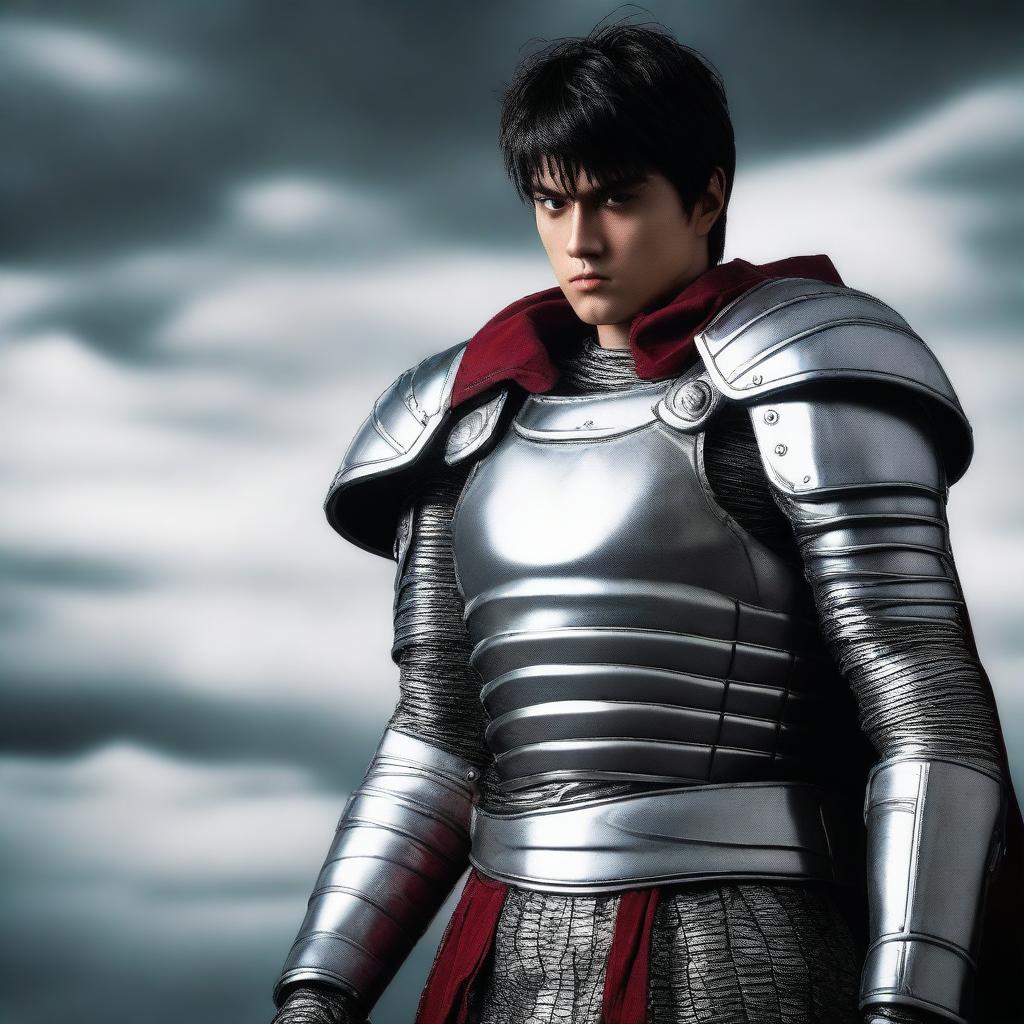 An enhanced photograph of a cosplayer dressed as Guts from Berserk, now with a more realistic-looking armor