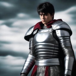 An enhanced photograph of a cosplayer dressed as Guts from Berserk, now with a more realistic-looking armor