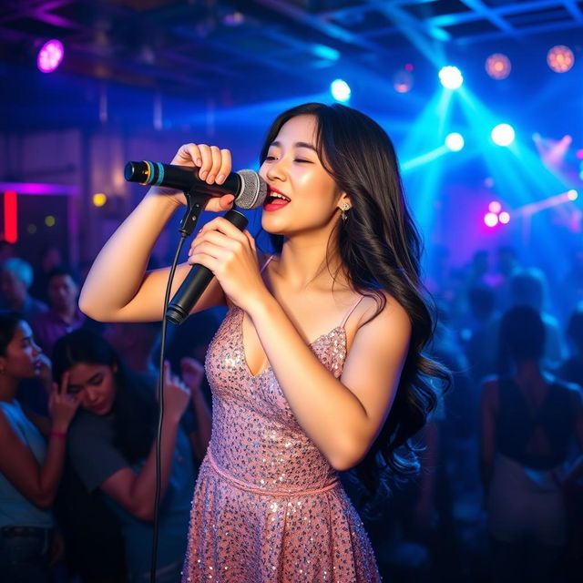 A cute 19-year-old Asian girl passionately singing into a microphone on a vibrant nightclub stage