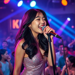 A cute 19-year-old Asian girl passionately singing into a microphone on a vibrant nightclub stage