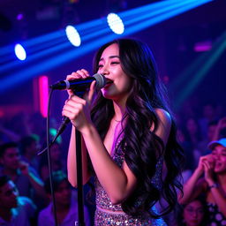 A cute 19-year-old Asian girl passionately singing into a microphone on a vibrant nightclub stage