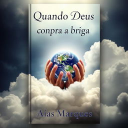 A stunning book cover design featuring hands tenderly cradling the Planet Earth, surrounded by soft, billowing clouds that create a sense of enchantment and depth