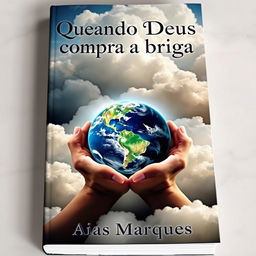 A stunning book cover design featuring hands tenderly cradling the Planet Earth, surrounded by soft, billowing clouds that create a sense of enchantment and depth
