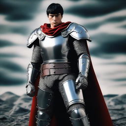 An enhanced photograph of a cosplayer dressed as Guts from Berserk, now with a more realistic-looking armor