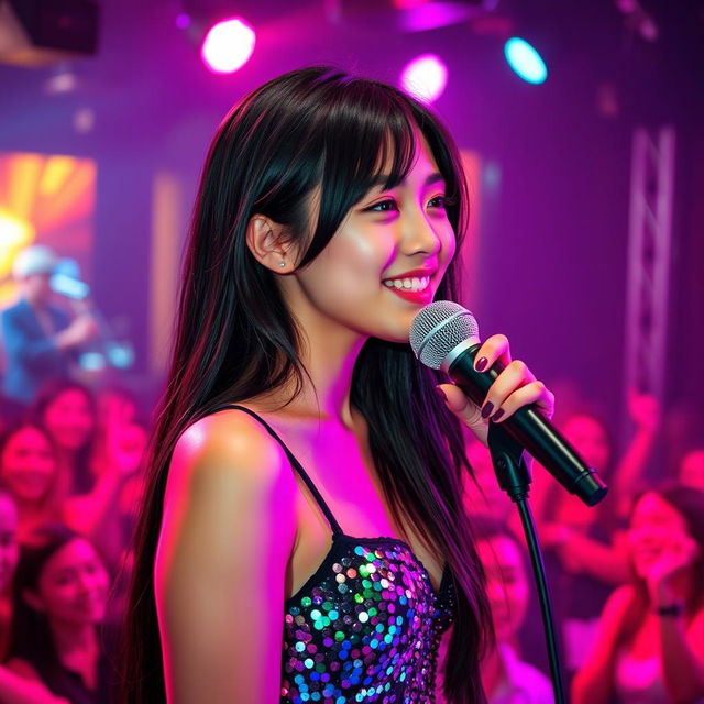 A cute 25-year-old Asian girl confidently singing into a microphone on a lively nightclub stage