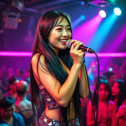 A cute 25-year-old Asian girl confidently singing into a microphone on a lively nightclub stage