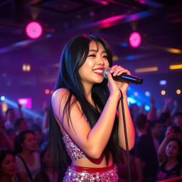 A cute 25-year-old Asian girl confidently singing into a microphone on a lively nightclub stage