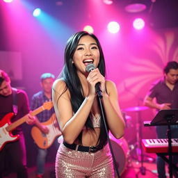 A cute 25-year-old Asian girl energetically singing into a microphone on a lively nightclub stage, accompanied by her band members in the background