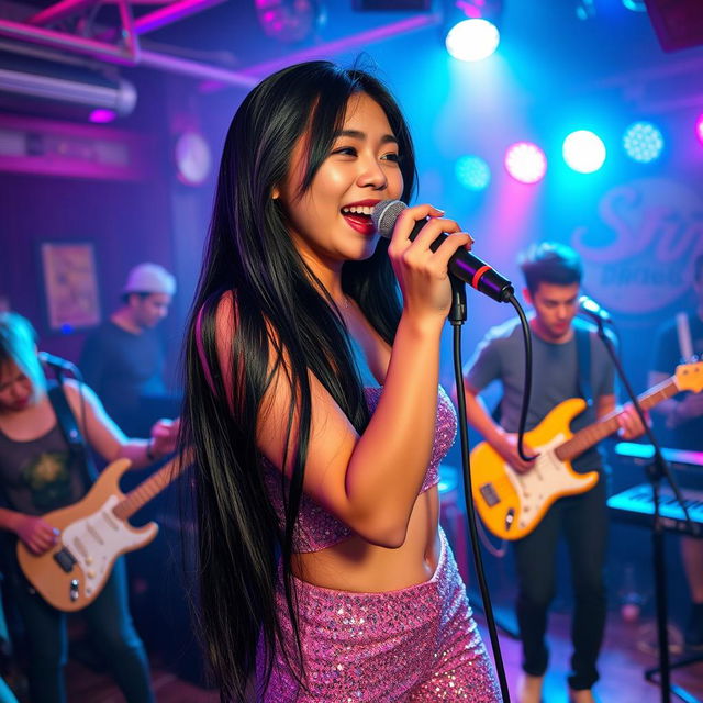 A cute 25-year-old Asian girl energetically singing into a microphone on a lively nightclub stage, accompanied by her band members in the background