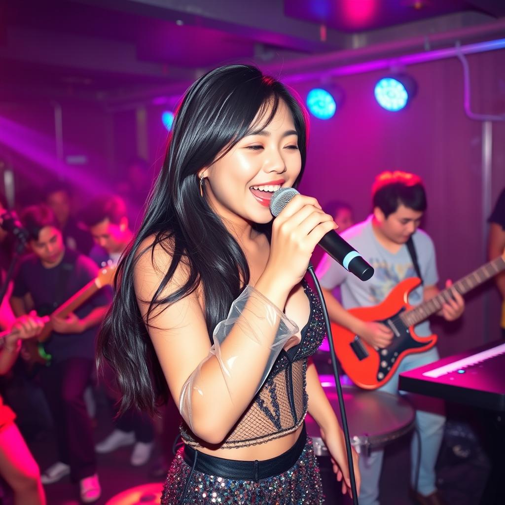 A cute 25-year-old Asian girl energetically singing into a microphone on a lively nightclub stage, accompanied by her band members in the background