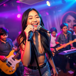 A cute 25-year-old Asian girl energetically singing into a microphone on a lively nightclub stage, accompanied by her band members in the background
