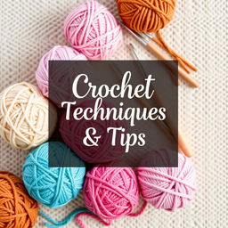 A beautifully designed ebook cover for 'Crochet Techniques & Tips,' featuring a cozy and creative theme