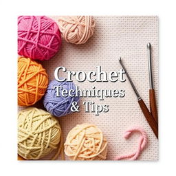 A beautifully designed ebook cover for 'Crochet Techniques & Tips,' featuring a cozy and creative theme