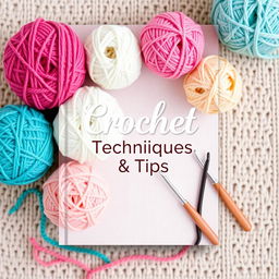 A beautifully designed ebook cover for 'Crochet Techniques & Tips,' featuring a cozy and creative theme