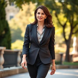 A 43-year-old European woman with brunette hair, dressed elegantly and stylishly