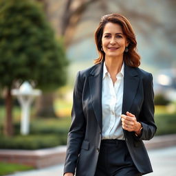 A 43-year-old European woman with brunette hair, dressed elegantly and stylishly