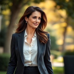 A 43-year-old European woman with brunette hair, dressed elegantly and stylishly