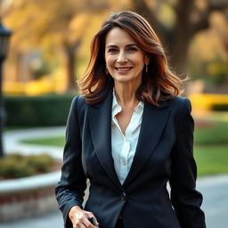 A 43-year-old European woman with brunette hair, dressed elegantly and stylishly