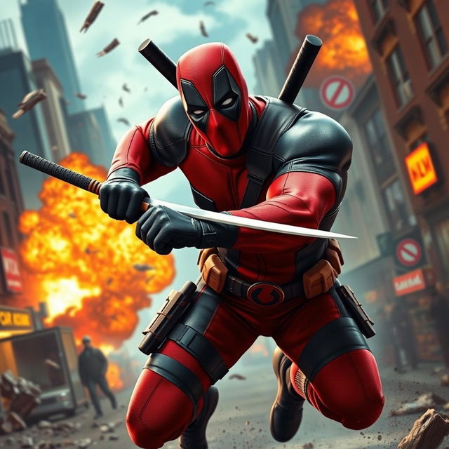 A dynamic action scene featuring Deadpool, the iconic comic book anti-hero, in a dramatic urban setting