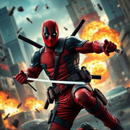 A dynamic action scene featuring Deadpool, the iconic comic book anti-hero, in a dramatic urban setting