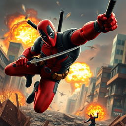 A dynamic action scene featuring Deadpool, the iconic comic book anti-hero, in a dramatic urban setting