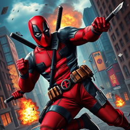 A dynamic action scene featuring Deadpool, the iconic comic book anti-hero, in a dramatic urban setting