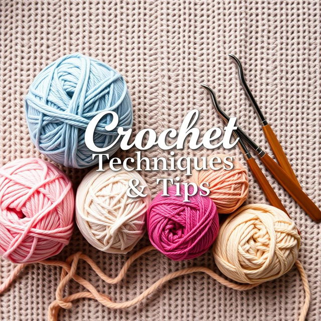 A beautifully designed ebook cover for 'Crochet Techniques & Tips,' featuring a cozy and creative theme