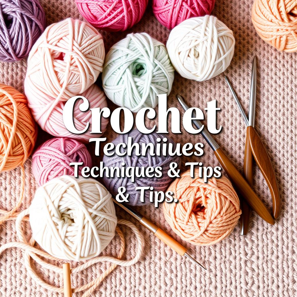 A beautifully designed ebook cover for 'Crochet Techniques & Tips,' featuring a cozy and creative theme